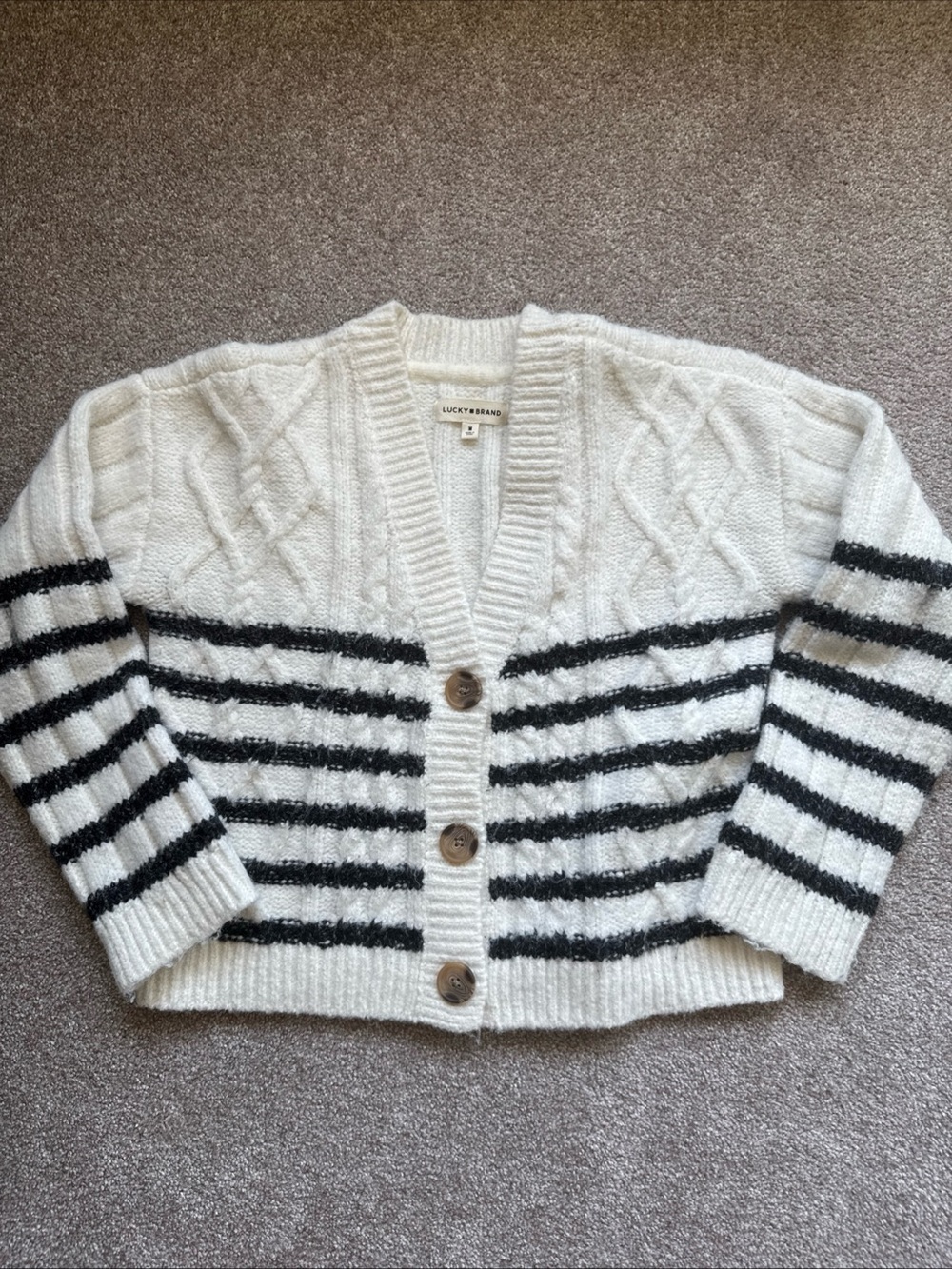 Lucky Brand Ivory Black Striped Cable Knit Cardigan M